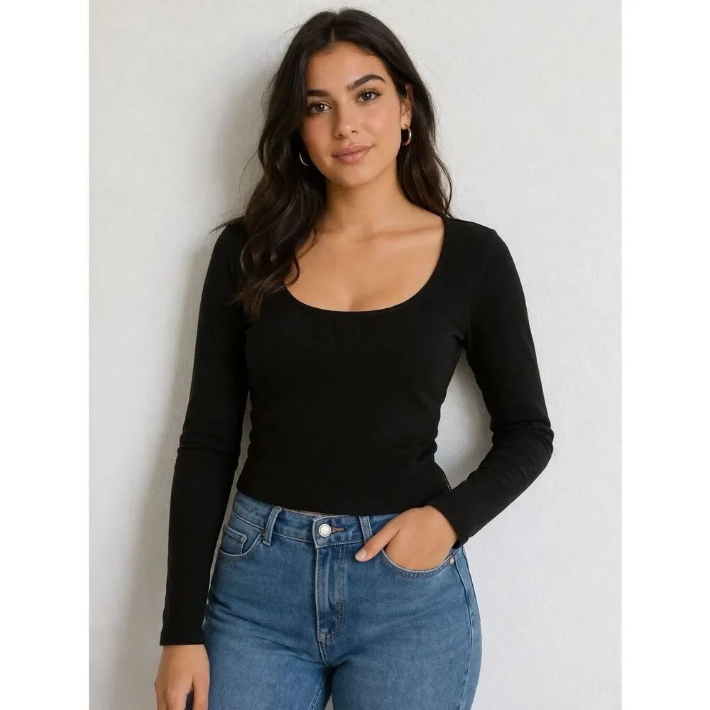 SHEIN Black Fleece Long Sleeve Scoop Neck Top Petite S Minimalist Basic Stretch